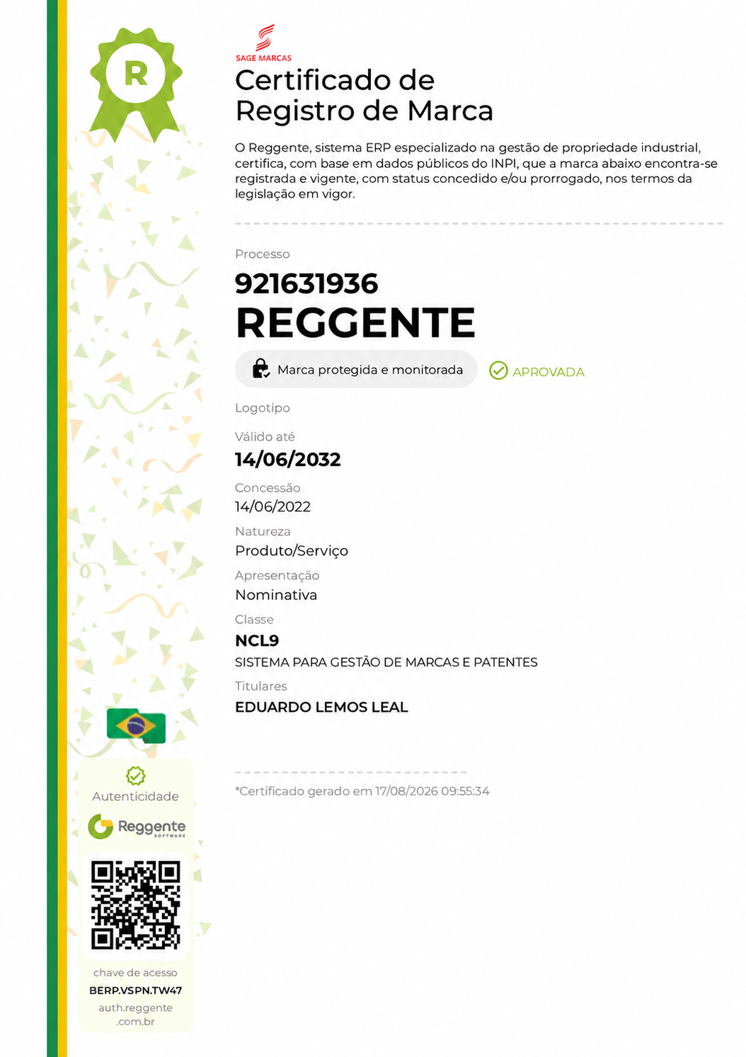 Certificado de Registro de Marca emitido pelo Cartório Reggente