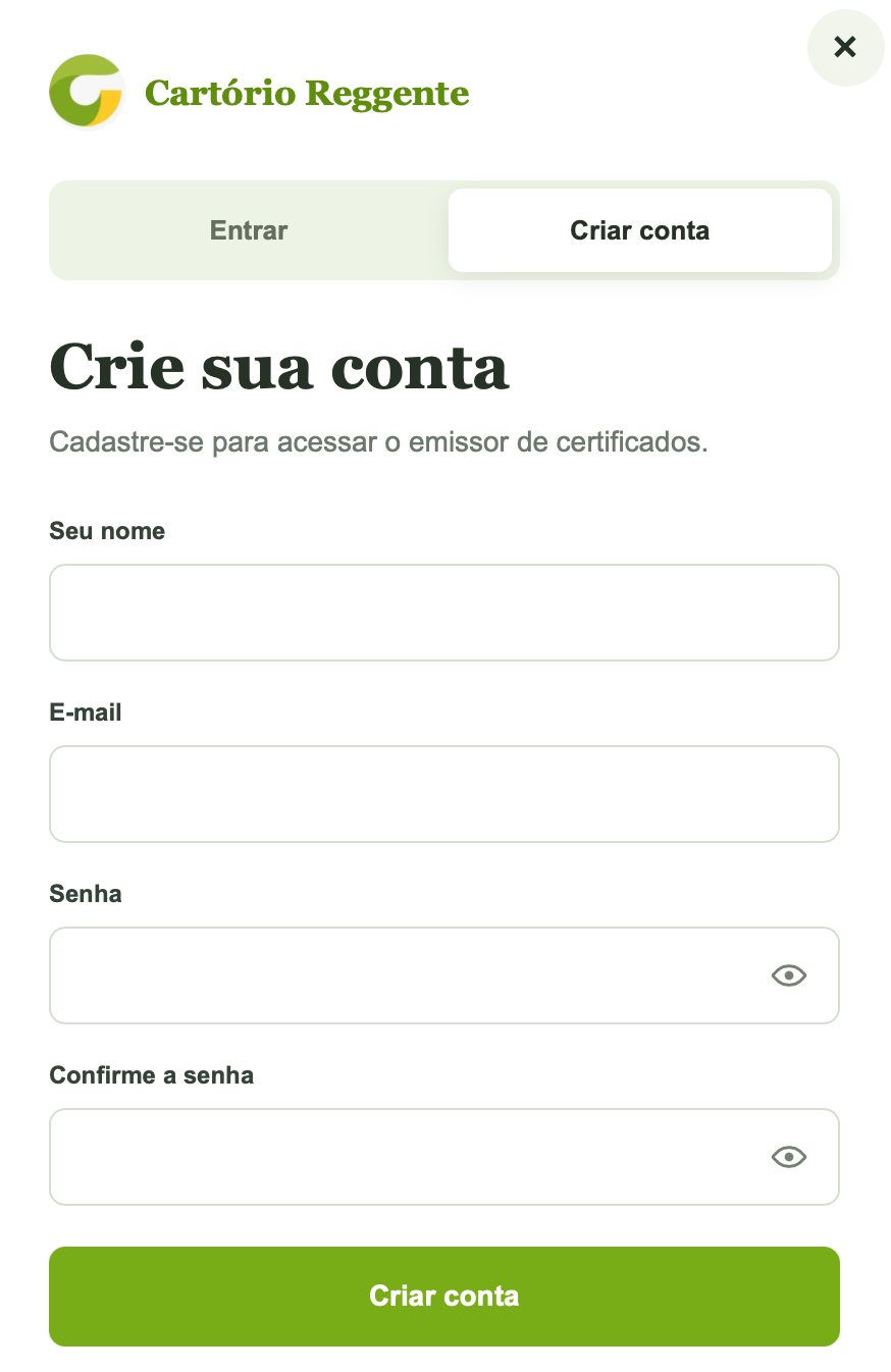 Tela para criar uma conta no Cartório Reggente