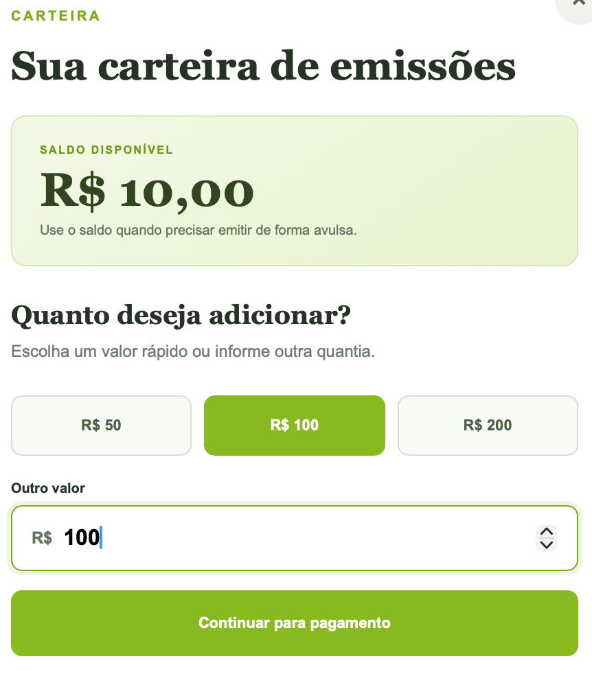 Tela completa da carteira para adicionar saldo e fazer emissões avulsas
