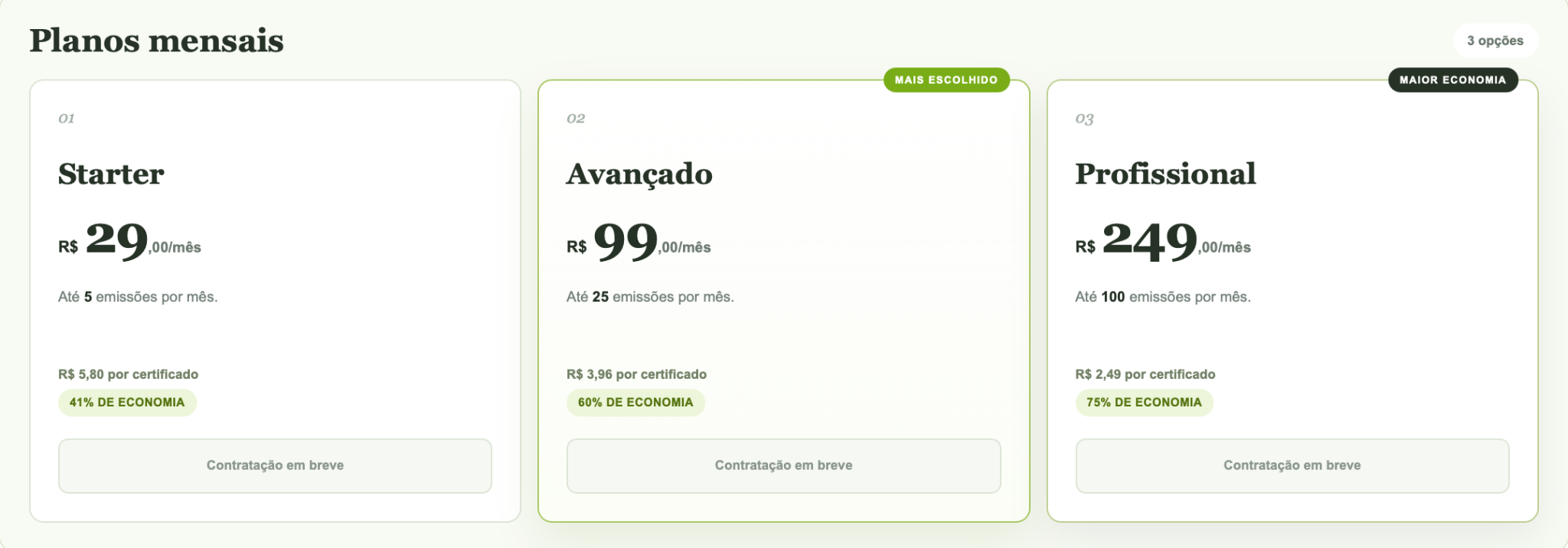 Tela completa com os planos mensais do Cartório Reggente